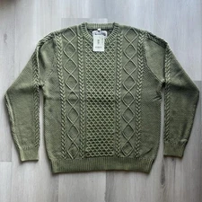 Brand New NWT Schott NYC Stonewash Cotton Cable Knit Sweater In Olive Size Large