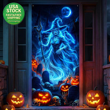 Halloween Door Cover 35X79 Spooky Witch Pumpkin Banner Fabric Horror Decor