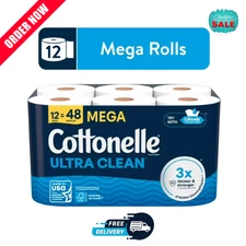 Cottonelle Ultra Clean Toilet Paper, Strong Toilet Tissue, 12 Mega Rolls