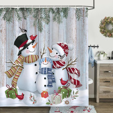 Christmas Shower Curtain, Cute Snowman Family Winter Rustic Farmhouse Bathroom D