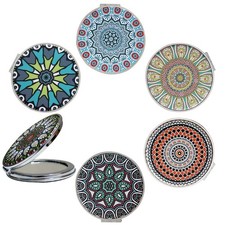 Compact Mirror With Mixed Embossed Mandala Designs Handheld Magnified Red