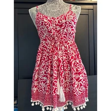 Red White Print Mini Romper LJC Designs Tassel Pom Pom Sleeveless  Boho Casual