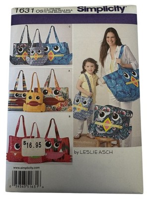 Simplicity Sewing Pattern 1631 Tote Bags Owl Monster Bird Travel Animal Uncut