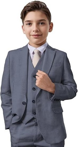 Boys Linen Suit 3 Piece Formal Slim Fit Beach Wedding Boys Tuxedo Summer Set - Picture 6 of 35