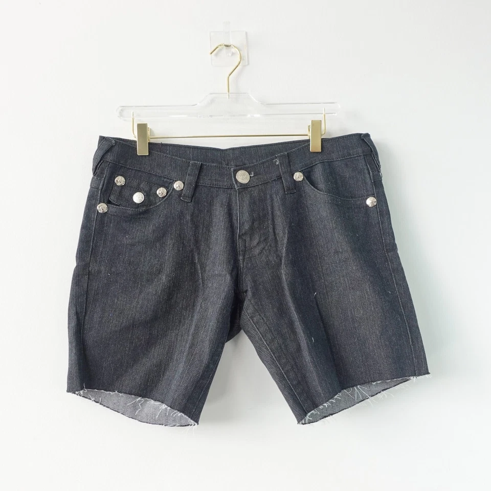 Vintage True Religion Shorts Womens 31/4 Black Bermuda Denim Horseshoe Logo Y2K