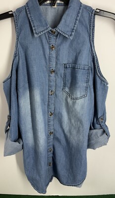 Women s Papaya Denim Button Up Shirt With Cutout Shoulders & Roll Tab Sleeves- S
