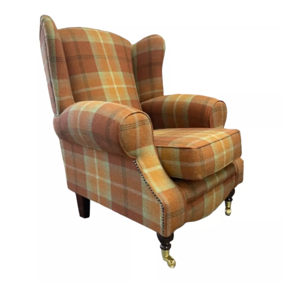Wing Back Queen Anne Arm Chair in Balmoral Spice Tartan Fabric