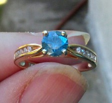 14k Yellow Gold Plated 2Ct Round Cut Simulated Blue Topaz 925 Silver Pretty Ring