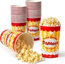 25 Pack Classic Paper Popcorn Buckets Disposable, 64 Oz Grease Resistant Popcorn