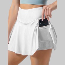 Womens Plain Sports Skorts Gym Yoga High Waist Shorts Mini Skirt Dress + Pockets
