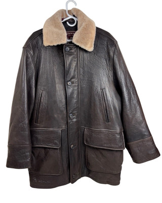 Vtg Andrew Marc Men Leather Bomber Jacket Large Removable Genuine Fur Collar EUC