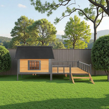 Large Outdoor Wooden Dog House with Waterproof Asphalt Roof and Overhang