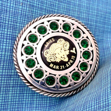 Aries Dress Belt Buckle Zodiac Sign Ram Green Crystals Vtg 80s Artisan  .NOX934