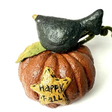 Debra Schoch Happy Fall Blackbird Sitting On Pumpkin Paper Mache 5” RARE
