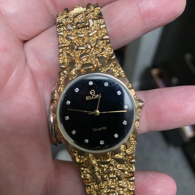 Elgin FND 12-017 2035 Watch Black Diamond? Face Gold Tone Nugget Band Working