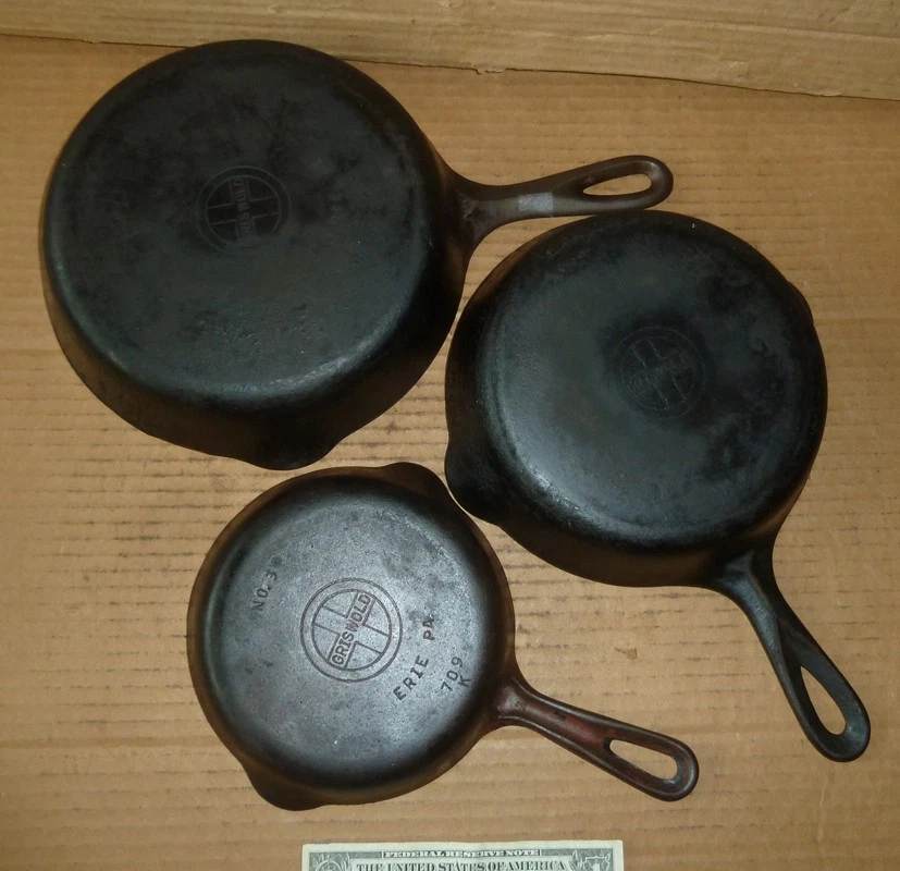 Vintage 3 Cast Iron,GRISWOLD Skillet,Fry Pan,#3,5,6,ERIE,PA,Old Cook Tools,Flat