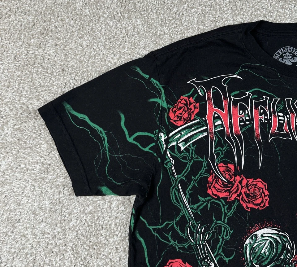 Affliction Shirt Mens Large Black Morning Epilogue Skeleton Wings Roses Scythe - Image 3 of 4