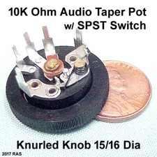  5 10K Ohm Audio Pots with SPST On-Off Switch and Knurled Knob  USA SELLER 
