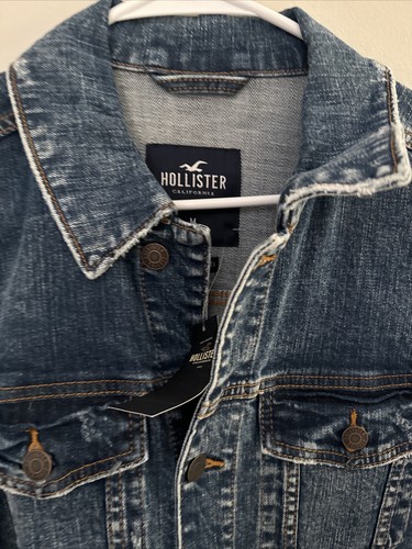 Hollister Distressed Denim Men's Jeans Jacket Size M Dark Wash - Picture 2 of 9