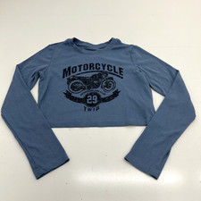 Dazy Blue Ribbed Cropped Long Sleeve Motorcycle Print Shirt Women's Size M NEW