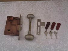 ANTIQUE EARLY RUSSWIN DOOR LOCK, 3 KEYS,  HEAVY BRASS