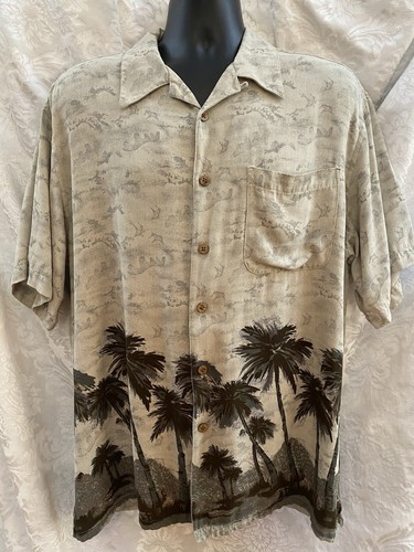 TOMMY BAHAMA Men’s HAWAIIAN Pocket Shirt~LARGE~S/S 100% Silk Tan PALM Print - Picture 5 of 10
