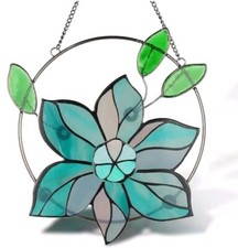 Stained Glass Window Hanging Flower Panel Aqua Blue 8" Diameter Brand New