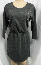 LOFT GRAY BEADED  FRONT CASUAL BLOUSON SWEATER DRESS SIZE: M NWT
