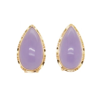Pair of 14k Gold and Lavender Jade Teardrop Cabochon Earrings