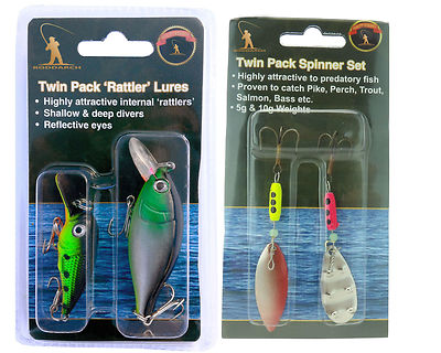 2 X ANGELSPINNER + 2 X RATTLERSTECKER KÖDER TIEF & FLACH FÜR HECHTBARSCH