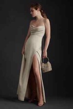 BHLDN EVENING DRESS 4 NEUTRAL REMY LONG SATIN SLIT  ANTHROPOLOGIE NWTS $248