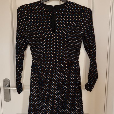 Whistles Black Heart Print Smocked Midi Dress Peep-hole Neck Long Sleeve UK 8