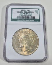 1922 Peace Silver Dollar Binion Hoard Collection NGC MS 63 Nice Color