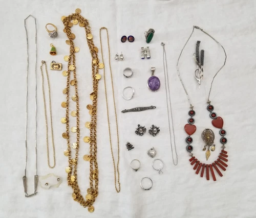 Vintage and Modern Lot of Costume Jewelry - Pins Rings Necklaces Sterling