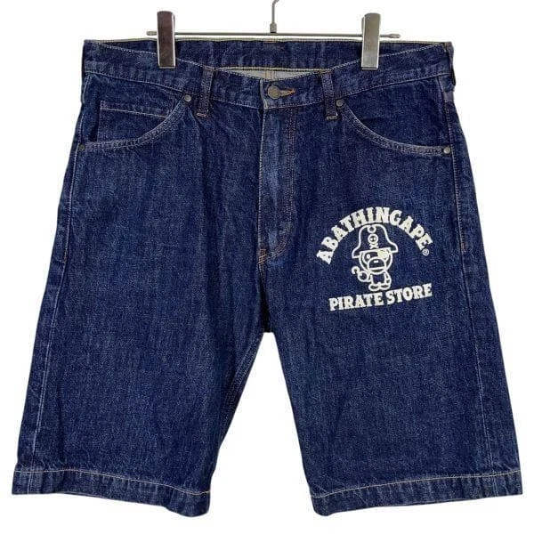 USED [RARE] APE PIRATE STORE LOGO HALF DENIM JEANS, SIZE L, MADE IN JAPAN GOOD - Image 2 of 4