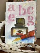 Handmade Writing Journal: Watercolor of Ink Bottle and Pen with Silk Ribbon