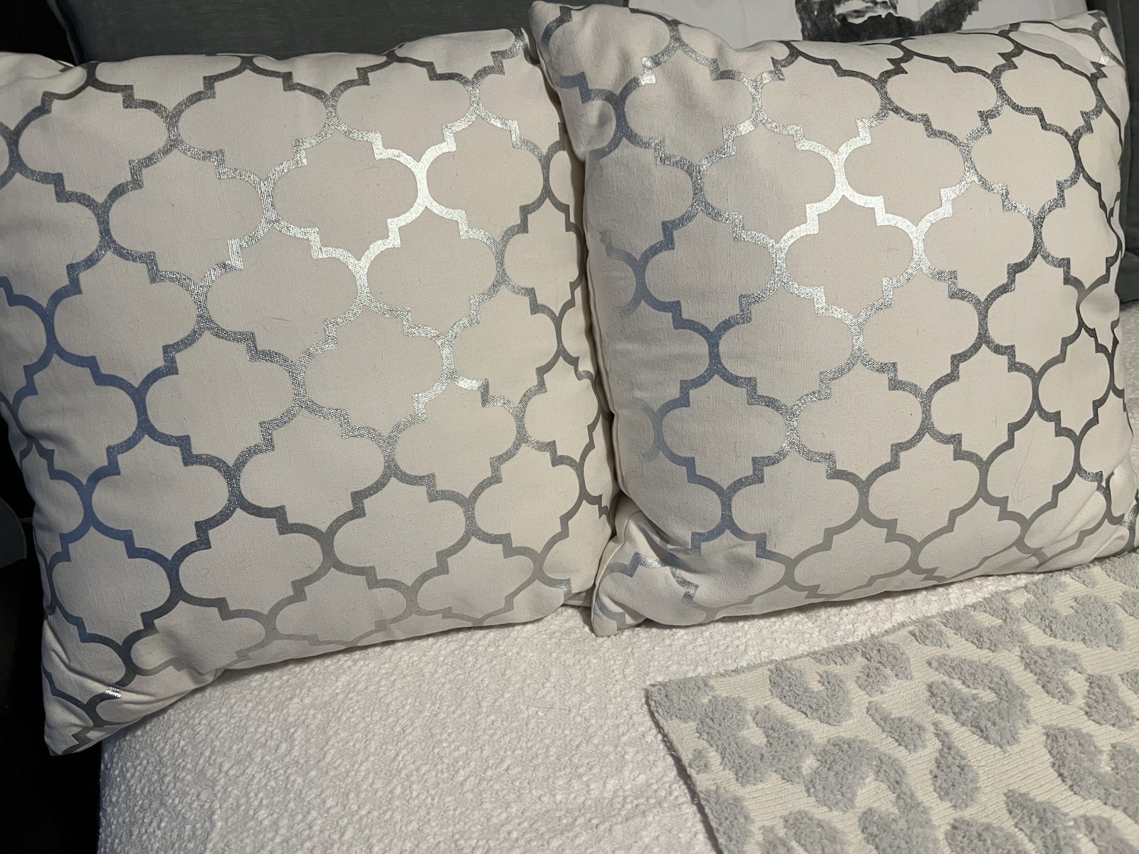 White And Silver Foil Lattice Design Throw Pillows, Set Of 2