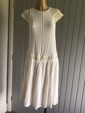 Ladies H&M Cream Ivory Lace Dress UK 10 Round Neck Drop Waist Cap Slv Half Lined