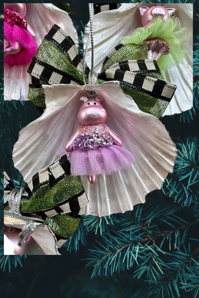 Adornos de Navidad hechos a mano concha marina - Bailarinas de cerdo e hipopótamo, juego de 4 Foto 2 de 4