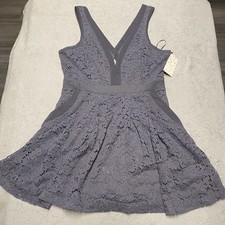 Free People Lovely In Lace Dress Large Slate Gray Mini Back Cutout Floral NEW