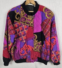 VTG 90s Brett Harrison 100% Silk Jacket Sz L Colorful Patchwork Shoulder Pads