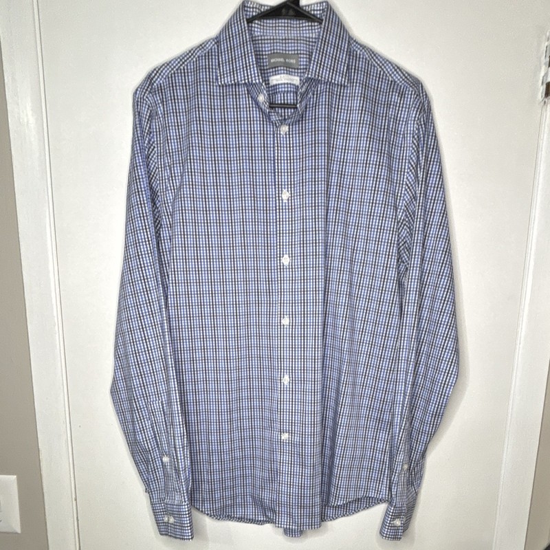 Michael Kors Travel Stretch Slim Blue/White Check Dress Shirt 16 34/35 0075