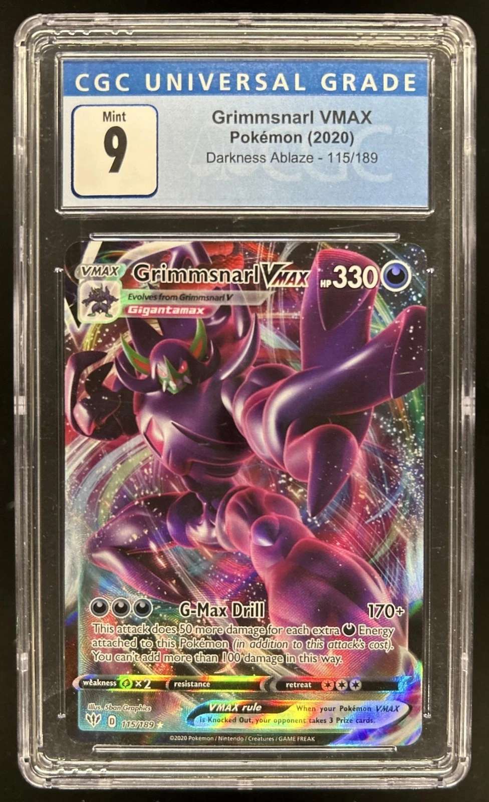 2020 Pokemon SWSH Darkness Ablaze Grimmsnarl VMAX #115/189 CGC 9