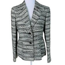 Kasper Petites Size 10P Wool Blend Tweed Knit Blazer Jacket Black White Workwear