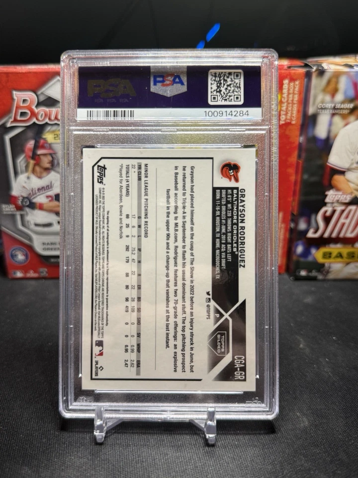 2023 Topps Gilded GRAYSON RODRIGUEZ Gold Etch Refractor Blue Auto RC /50 PSA 9 - Image 2 of 2