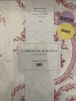 New Cabbages & Roses London Premium 3 Pc Queen Duvet Roses Floral Toile Berry