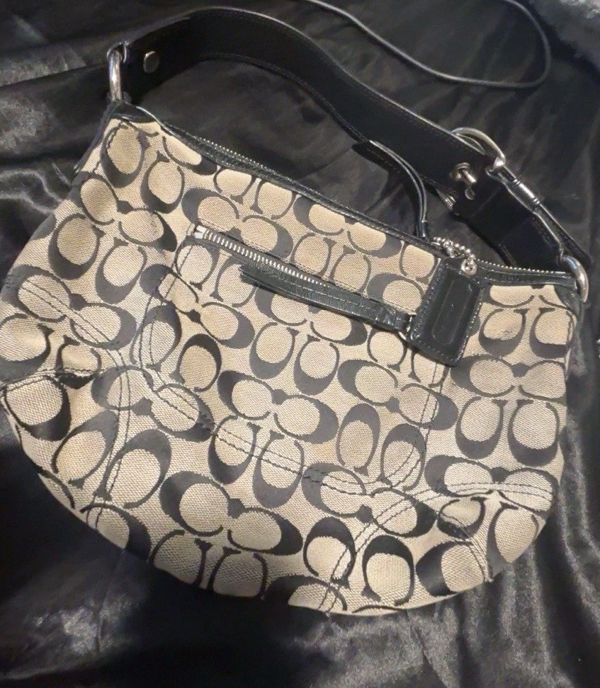 Coach Signature Shoulder Bag Beige/Brown with Black Strap, Silver Hardware, Zip