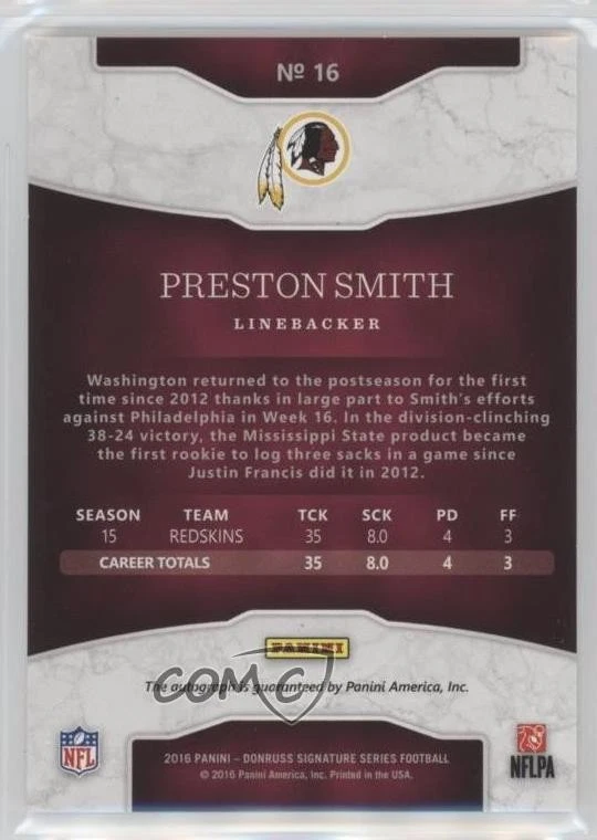 2016 Panini Donruss Signature Series Holo Silver /50 Preston Smith #16 Auto - Image 2 of 2