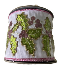 Beautiful 4 Inch Designer Wired Christmas Ribbon Embroidered Holly Pink Backing