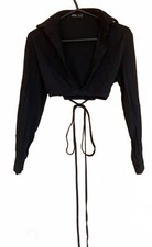 Shein Tie Front Long Sleeve Crop Top Collared Shirt Elastic Womens UK 10 Black